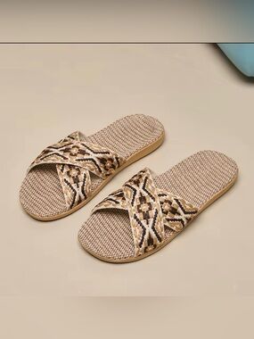 Boho Woven Cross Strap Slippers Linen Style Open Toe House Slides  Beige Pattern